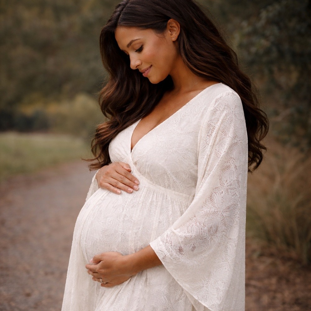 Pregnancy Photoshoot Maxi Dress Cream Boho Lace Wedding Gown 70s